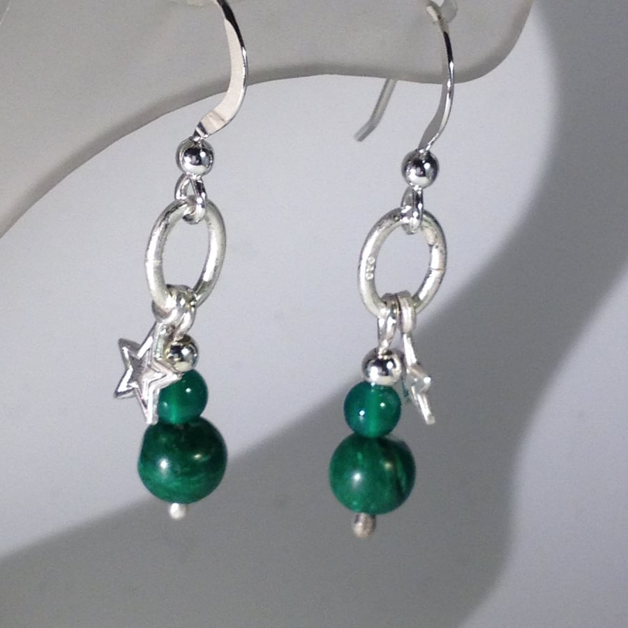 Green and silver star earrings