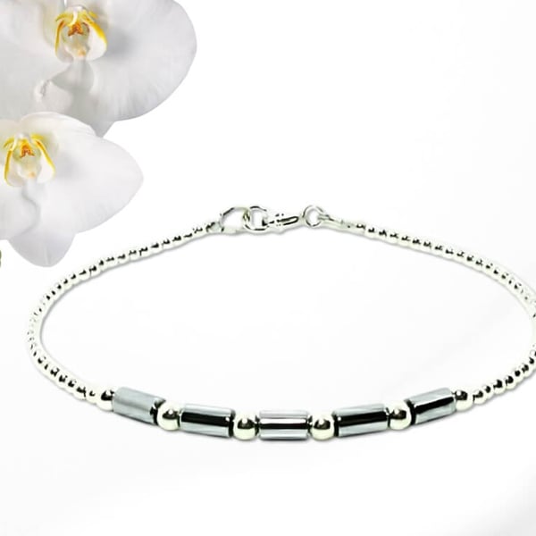 Modern 3mm Slim Hematite Tube Beads Minimalist Bracelet, Non-Magnetic Gemstones 