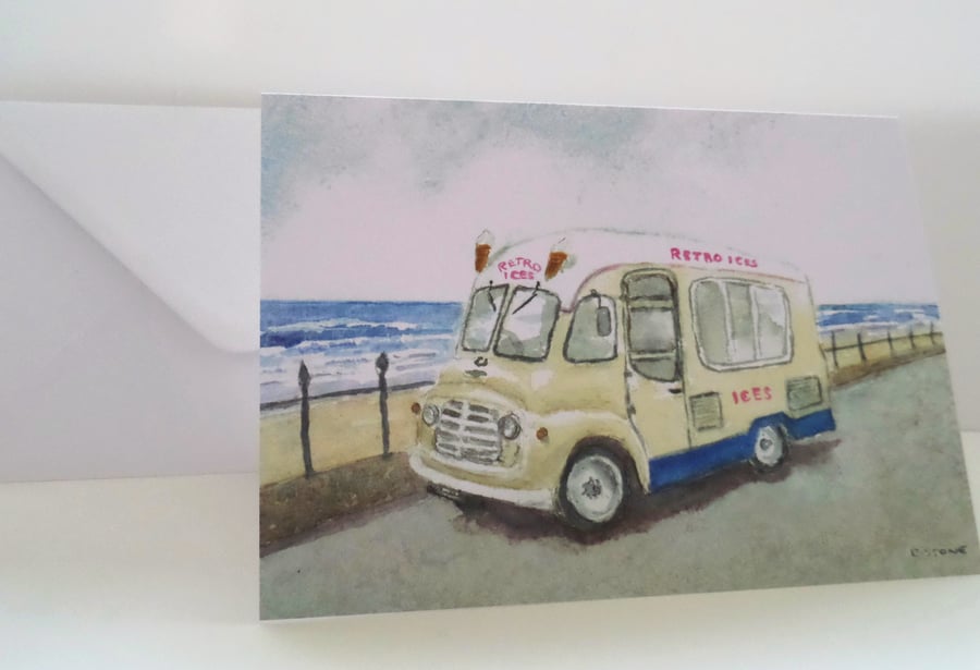 Blank greetings card A5 classic Commer ice cream van from original watercolour