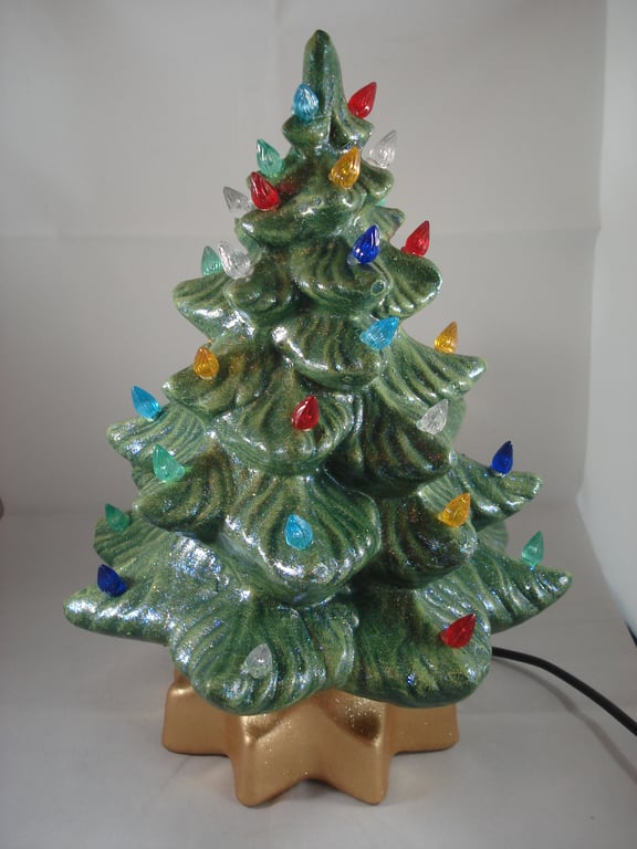 Ceramic Green Glittery Xmas Christmas Tree Table Lamp Light Ornament Decoration.