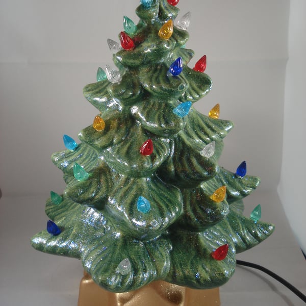 Ceramic Green Glittery Xmas Christmas Tree Table Lamp Light Ornament Decoration.