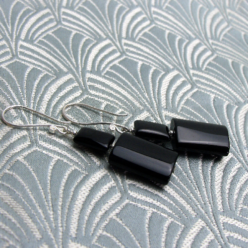 Long Black Dangle Earring, Long Black & Silver Earrings, Black Earrings CC90