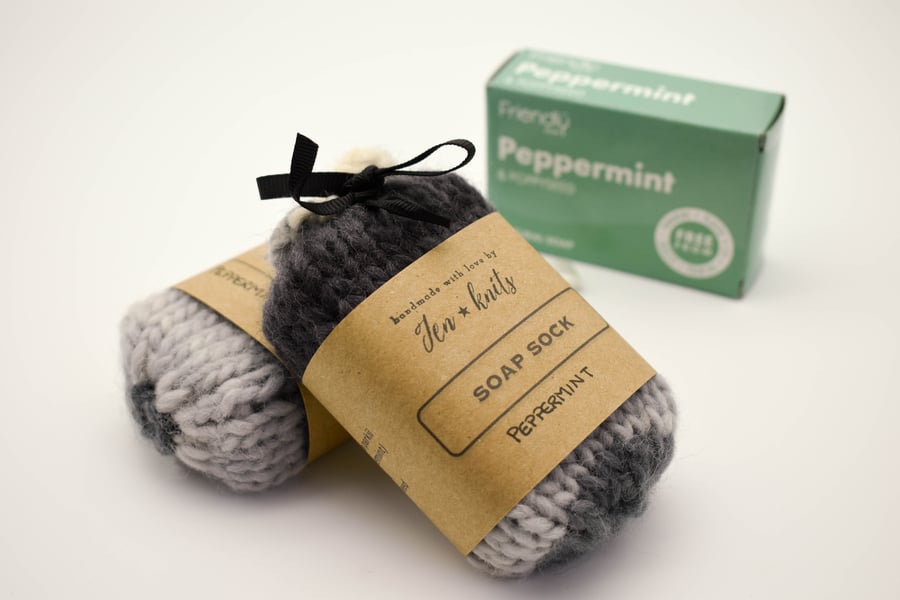 Hand knitted self felting peppermint soap sock - Grey - eco friendly