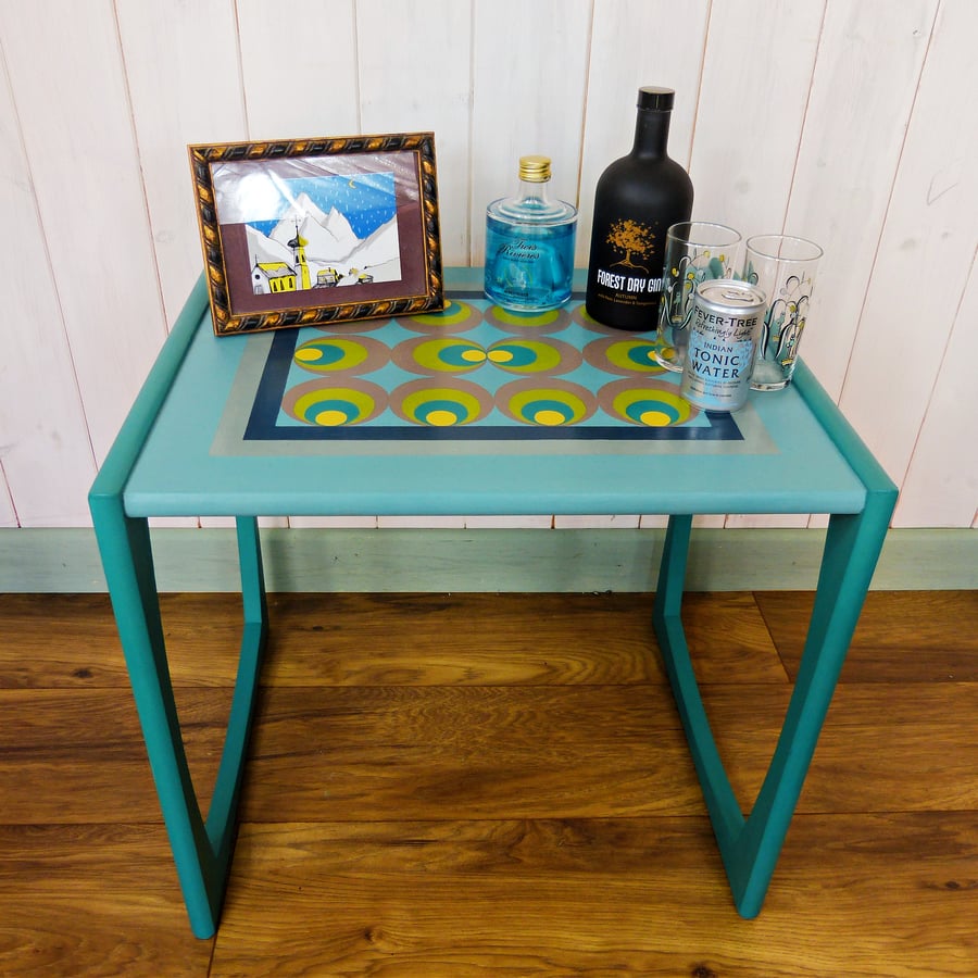 Hand painted vibrant blue and green side table