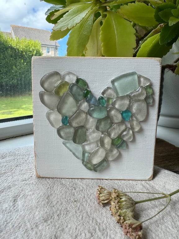 Hearts of Glass Freestanding Wooden Plaque Cornish Sea Glass Christmas Decor