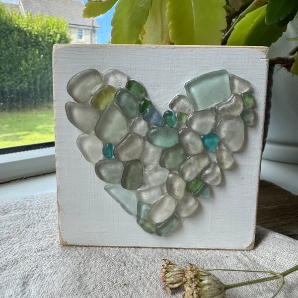 Hearts of Glass Freestanding Wooden Plaque Cornish Sea Glass Christmas Decor