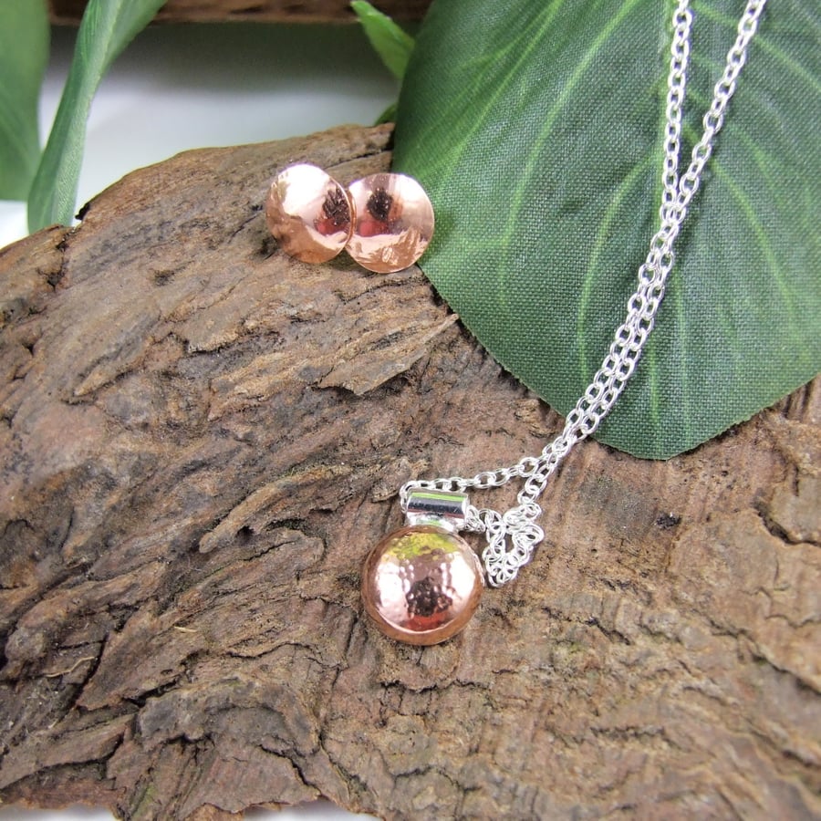 Round Pendant and Earring Set, Sterling Silver and Copper