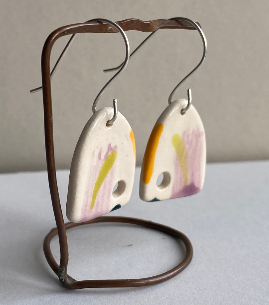 Earrings Dangly handmade Ceramic Lilac and Orange - Sterling Silver 