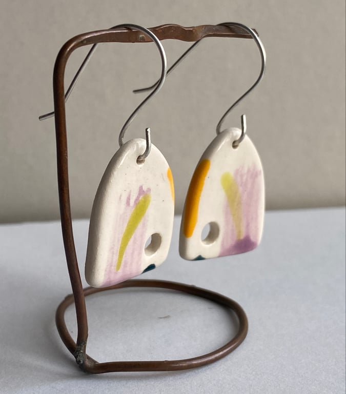 Earrings Dangly handmade Ceramic Lilac and Orange - Sterling Silver 