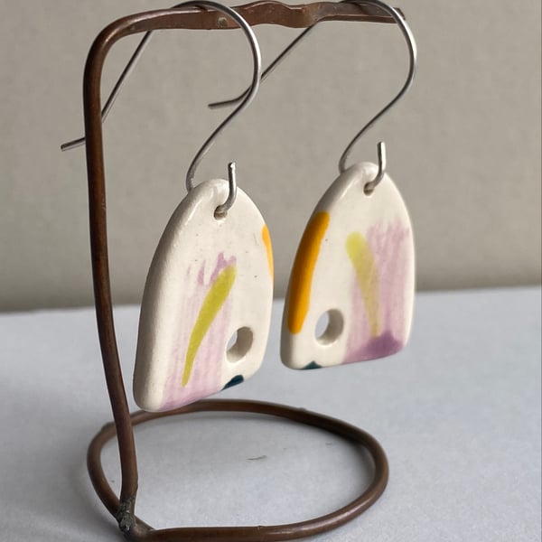 Earrings Dangly handmade Ceramic Lilac and Orange - Sterling Silver 