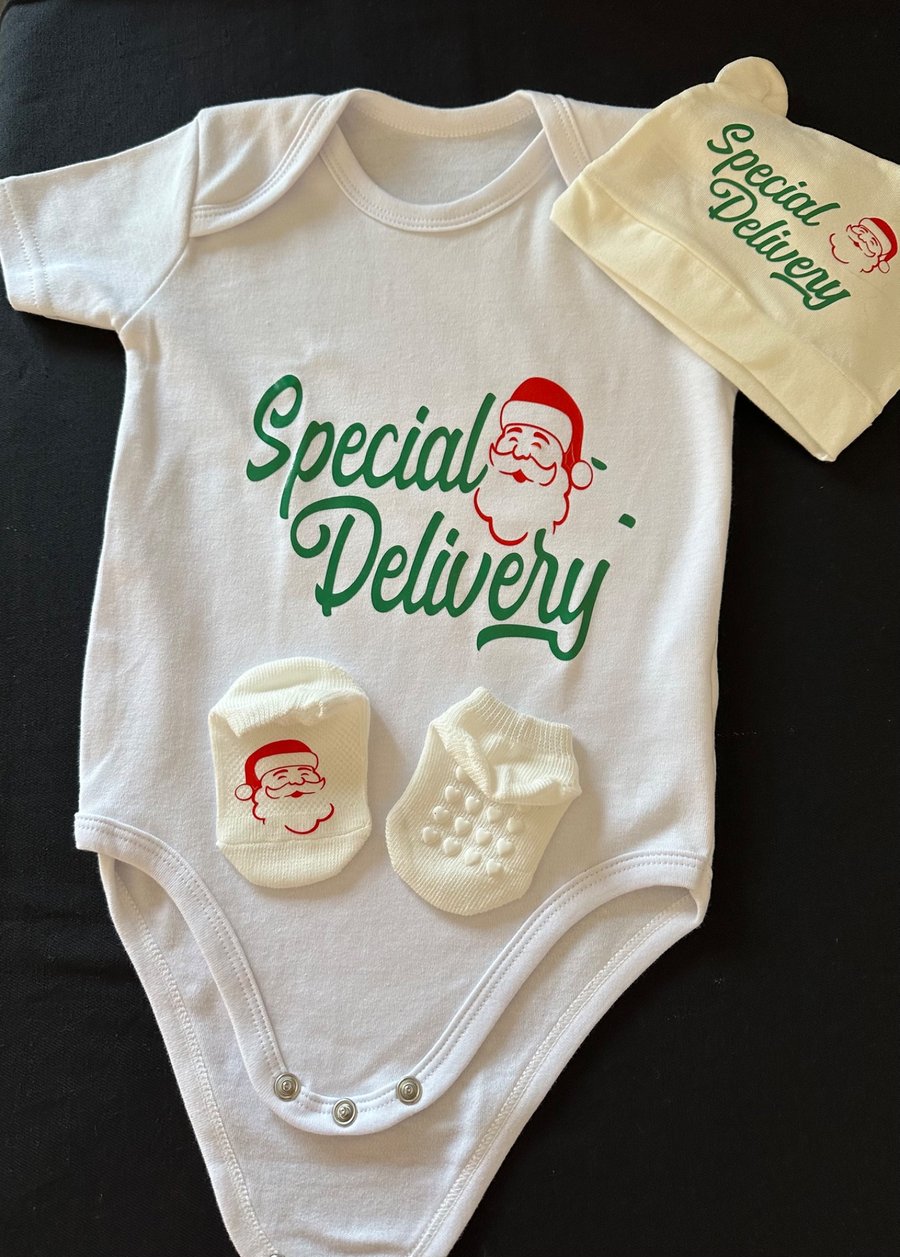 Christmas onesie, bootee and beanie set