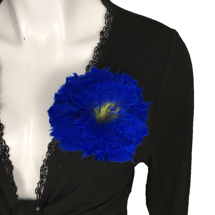Flower brooch, lapel pin, corsage in royal blue merino wool