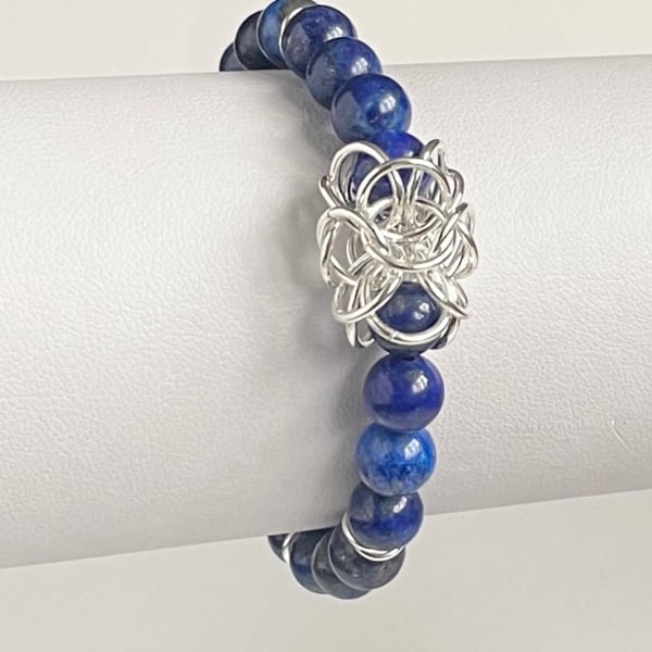 Stretchy Lapis Lazuli Beaded Chainmaille Link Bracelet 