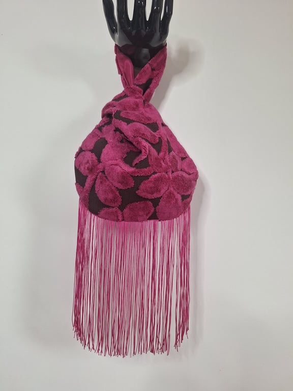 Fuchsia hot Pink raised Velvet leaf pattern Japanese knot bag with tassel trim 