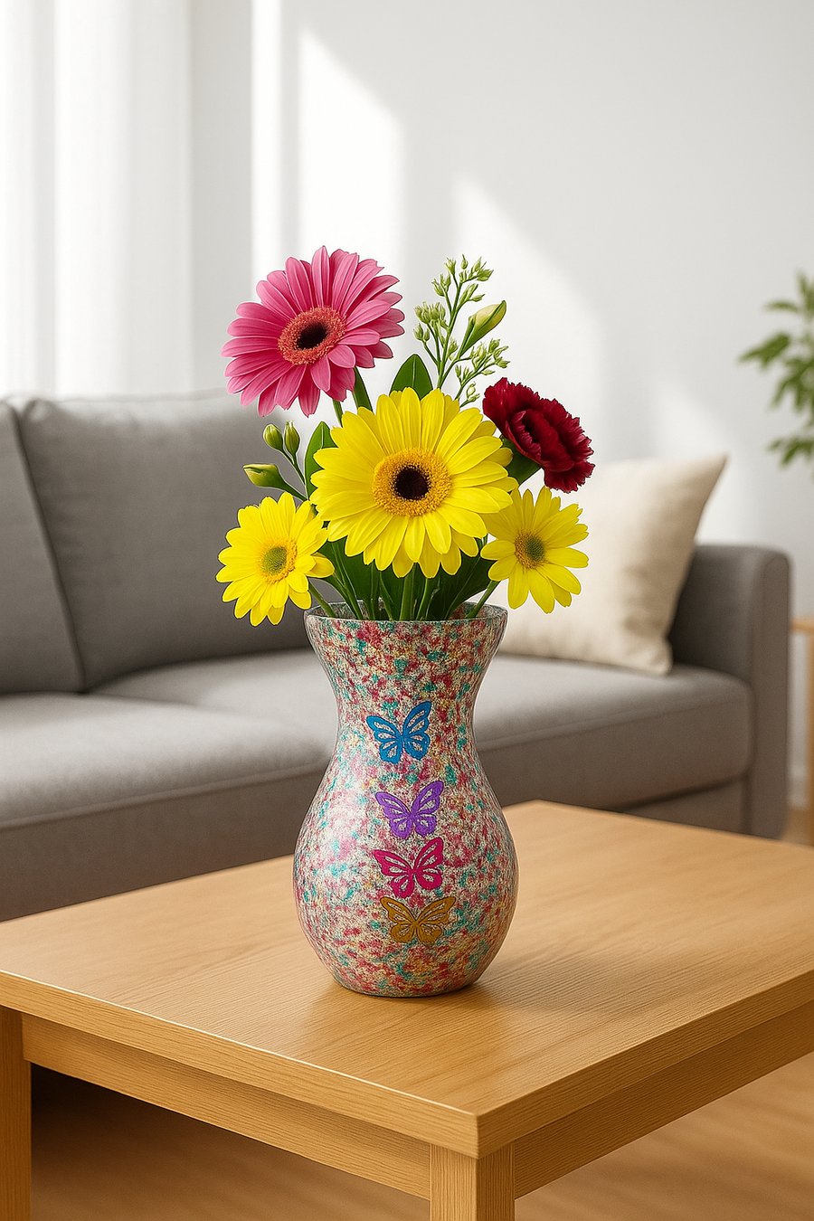 Abstract Resin-Glass Vase with Glitter and Butterflies 