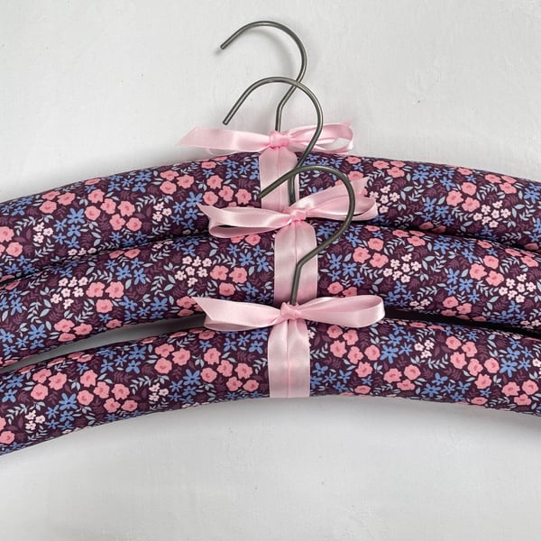 Floral Purple, Pink and Blue Padded Clothes Hangers x3