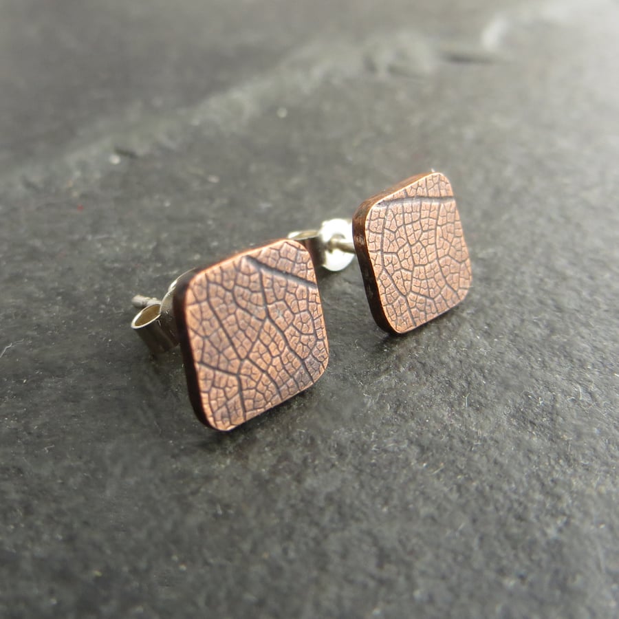 Square Copper Stud Earings with Leaf Vein Texture, 7th Anniversary Gift