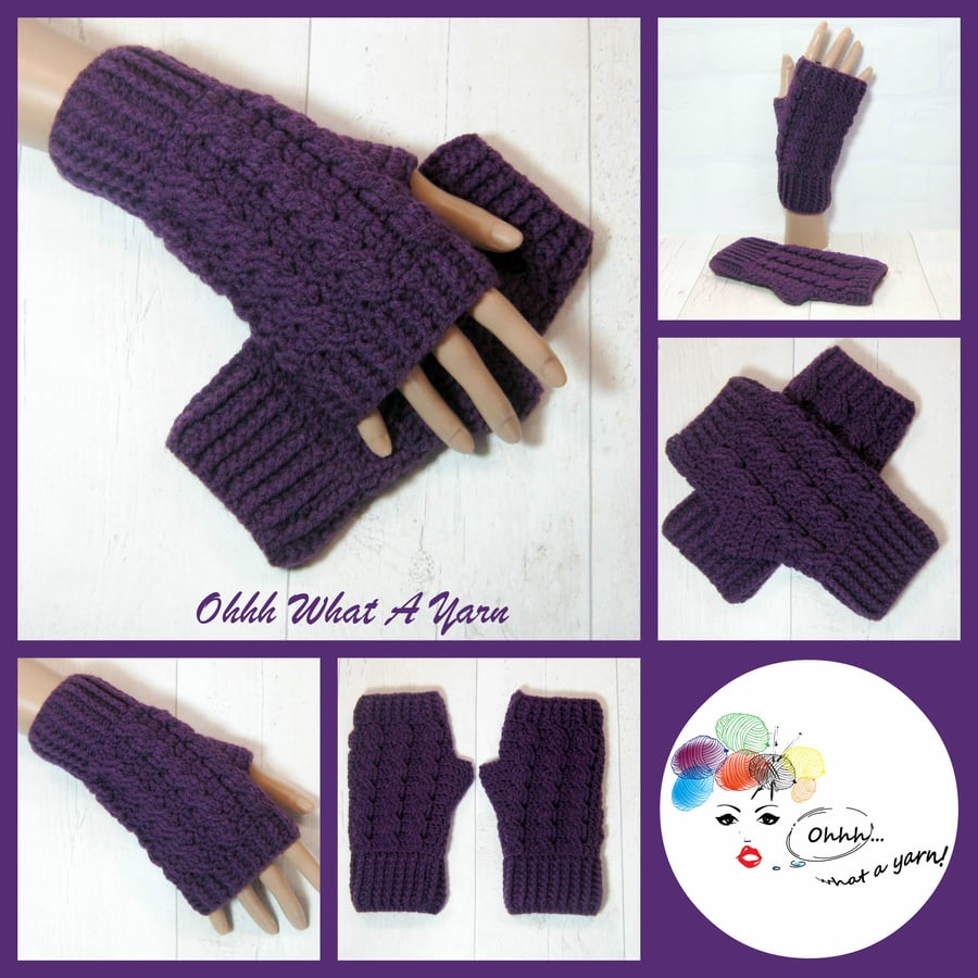 Purple cable ladies crochet gloves, finger less gloves. Texting mitts.
