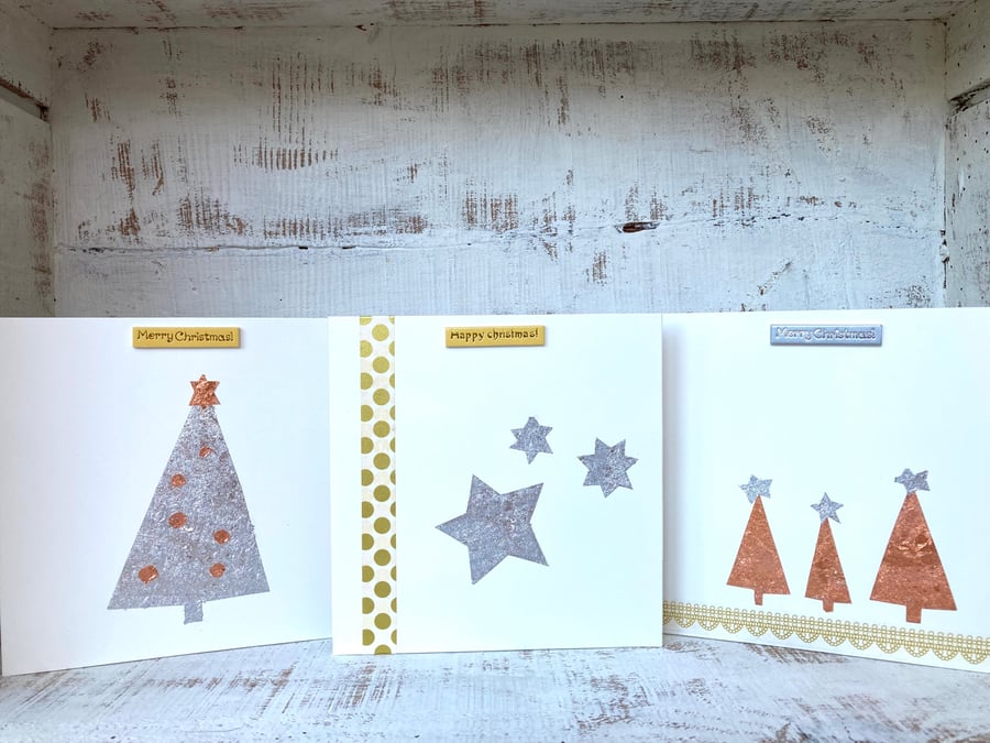 Set of 3 hand made Christmas cards, one off designs