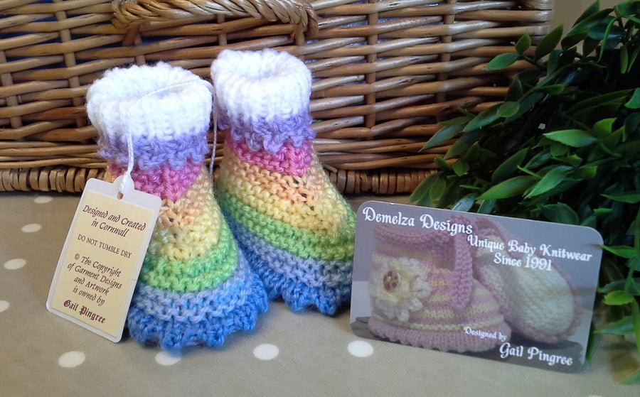 Designer Baby Girl's Pastel Rainbow Hand Knitted Booties  0-3 months size