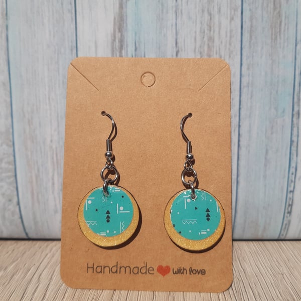 Handmade wooden dangle earrings, Block print earrings, 