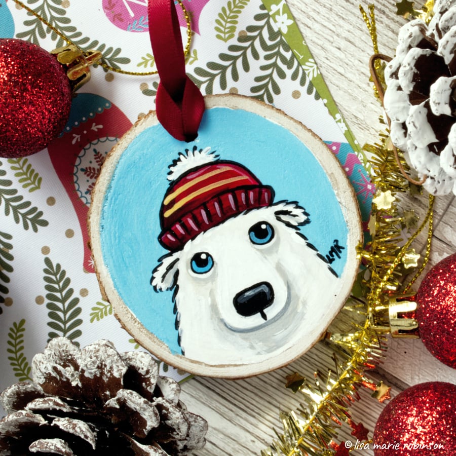 Polar Bear in Bobble Hat - Hand painted Wooden Christmas Tree Decoration