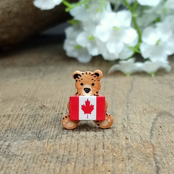 Canadian Flag Pin, Handmade Tiny Canada Teddy Bear Badge, Travel Gift