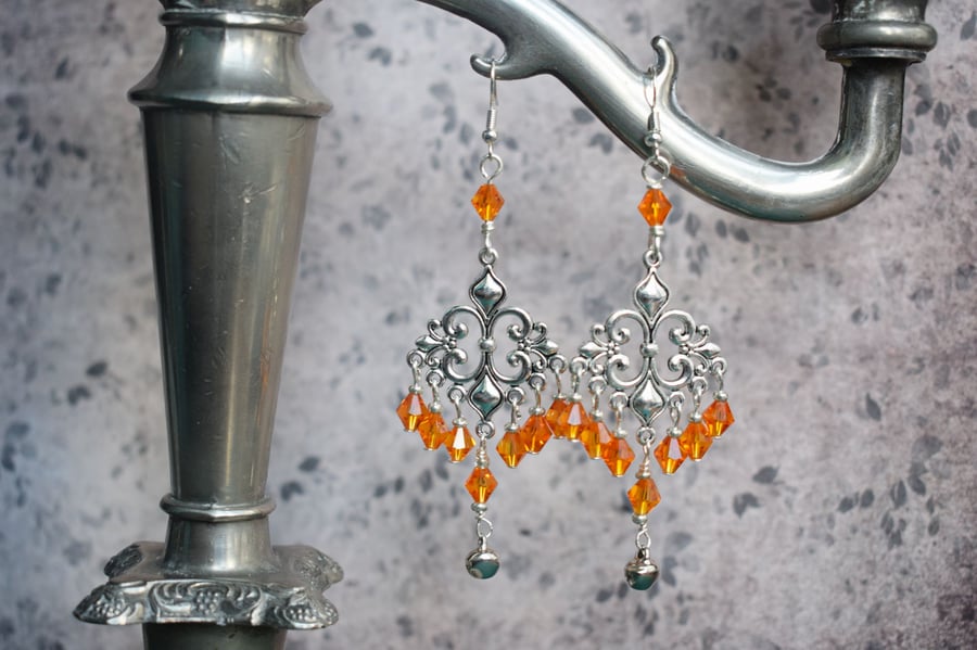 Chandelier Earrings with Orange Glass Beads and Tiny Silver Bells