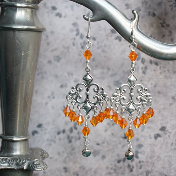 Chandelier Earrings with Orange Glass Beads and Tiny Silver Bells