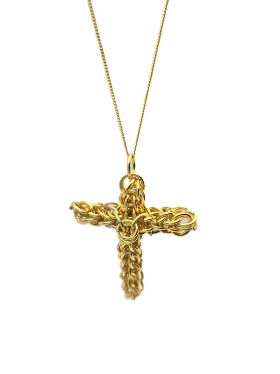 Gold plated chainmaille cross with gold plated sterling silver chain
