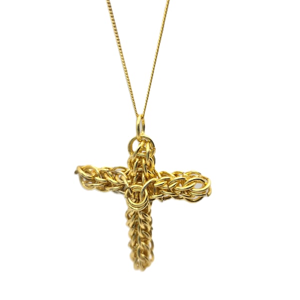 Gold plated chainmaille cross with gold plated sterling silver chain