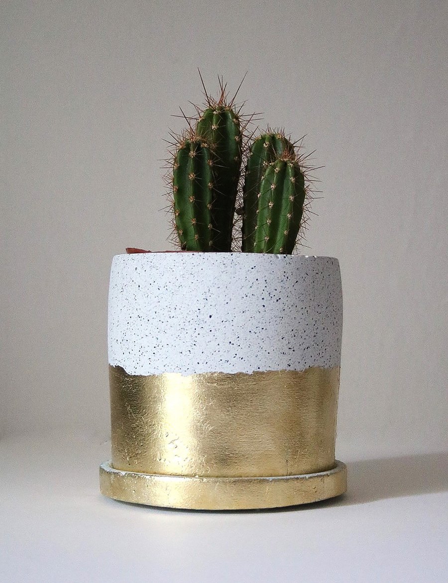 Silver Granite Plant Pot with Gold Leaf I Handmade I Jesmonite