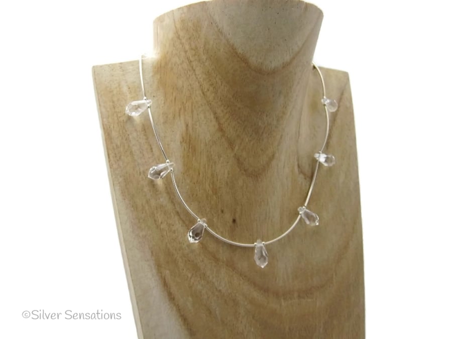 Faceted Swarovski Teardrop Crystals & Sterling Silver Curved Tubes Necklace