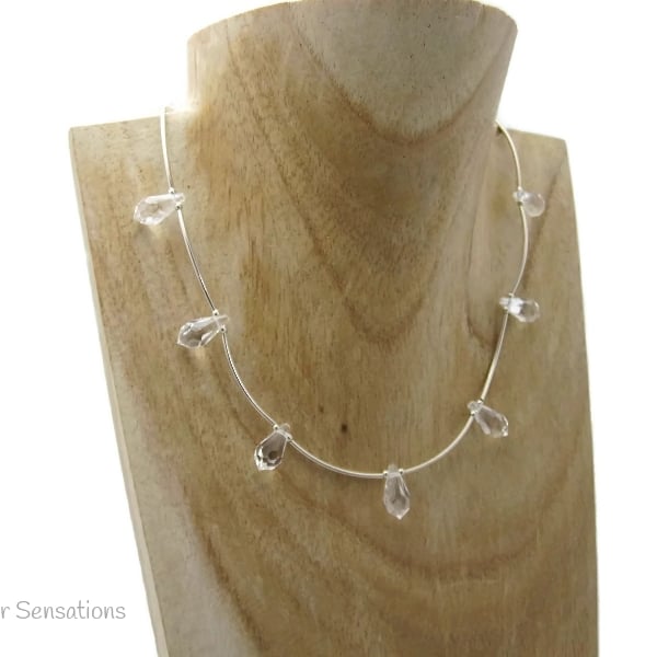 Faceted Swarovski Teardrop Crystals & Sterling Silver Curved Tubes Necklace