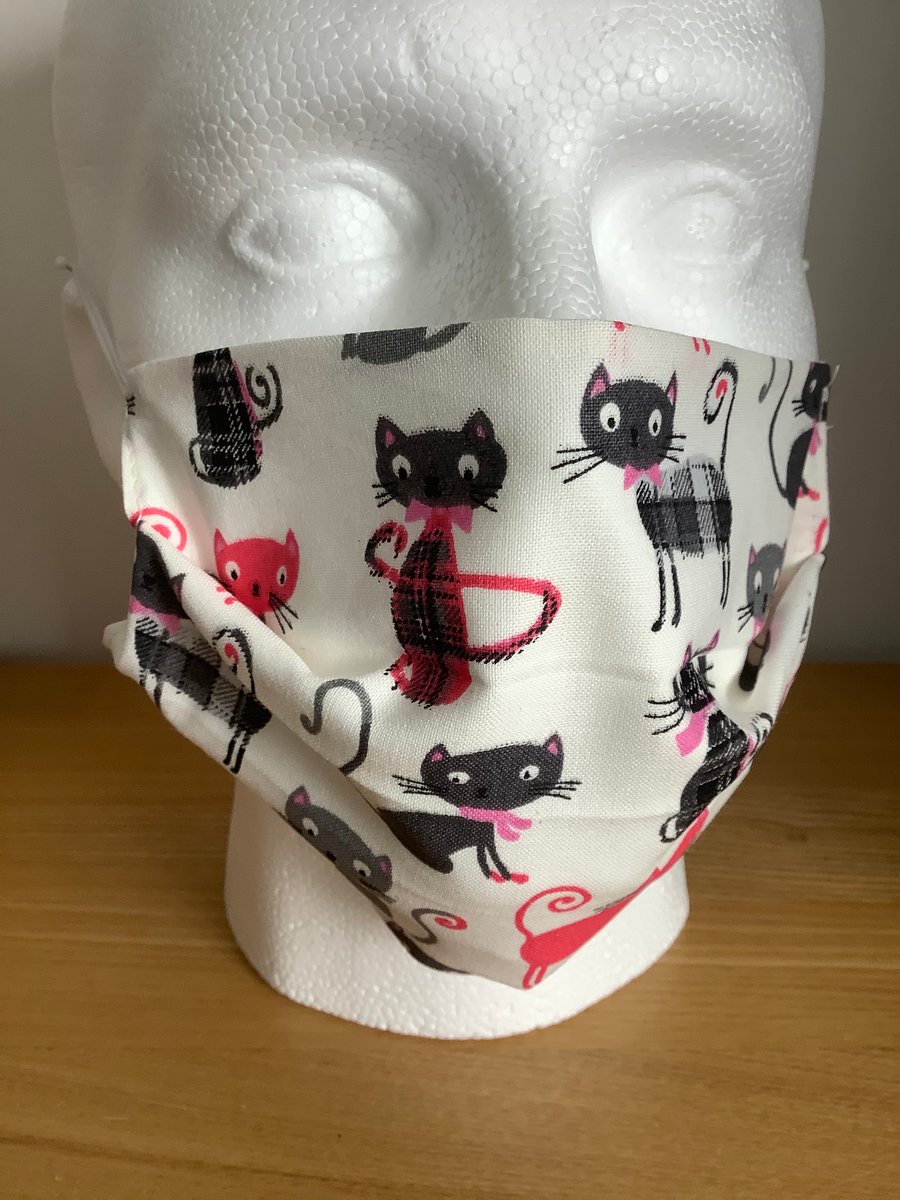 White with cat pattern Cotton Face mask, Reusable face mask ,FREE P&P