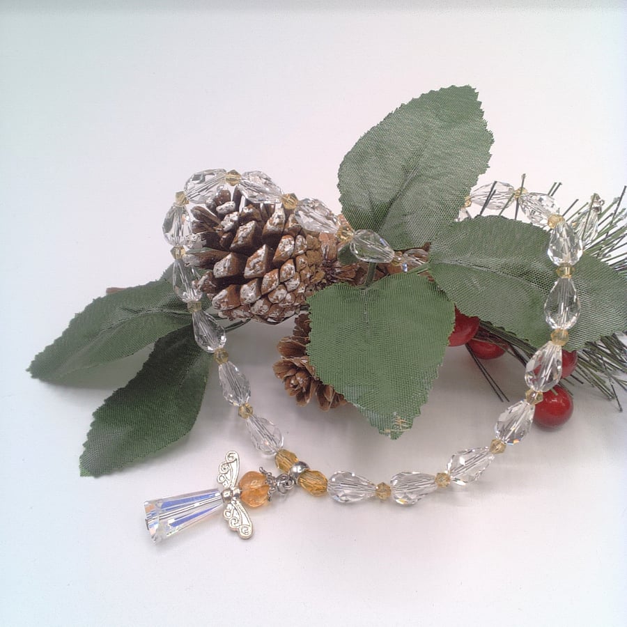 Beaded Christmas Angel Pendant on a Crystal Necklace, Christmas Pendant
