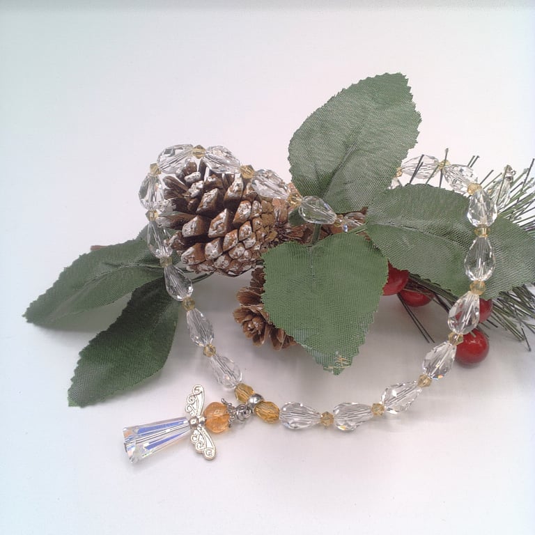 Beaded Christmas Angel Pendant on a Crystal Necklace, Christmas Pendant
