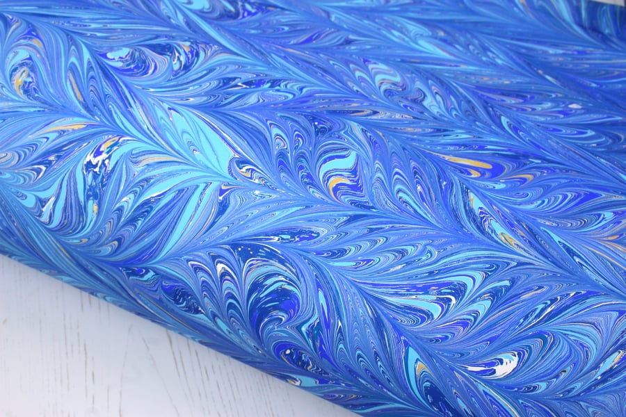blue and gold waved gothic a2 marbled paper sheet