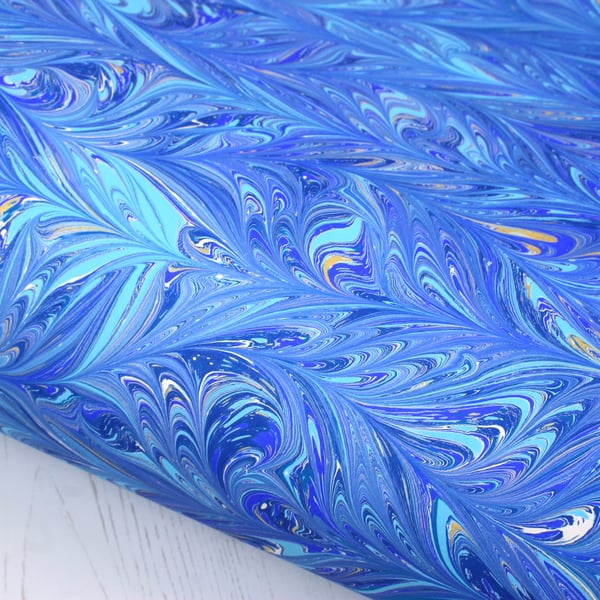 blue and gold waved gothic a2 marbled paper sheet