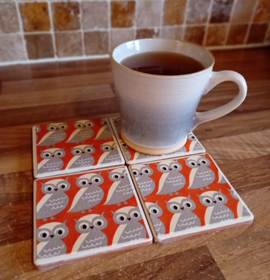 Orange Owls - Ceramic Tile Set of 4 Coasters Perfectly Imperfect