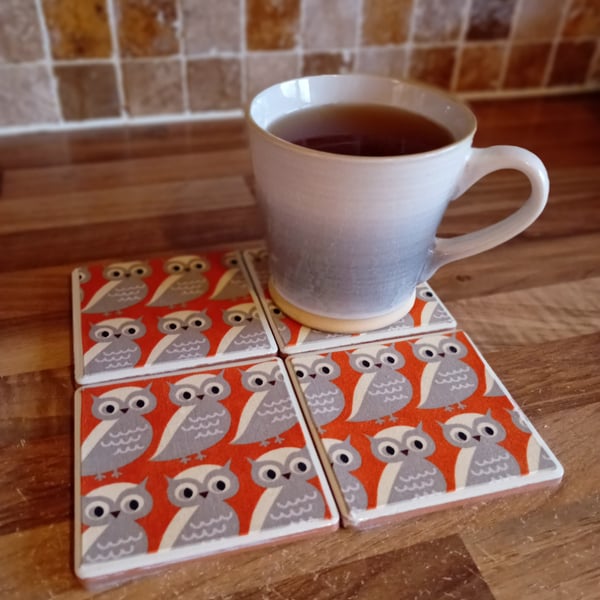 Orange Owls - Ceramic Tile Set of 4 Coasters Perfectly Imperfect