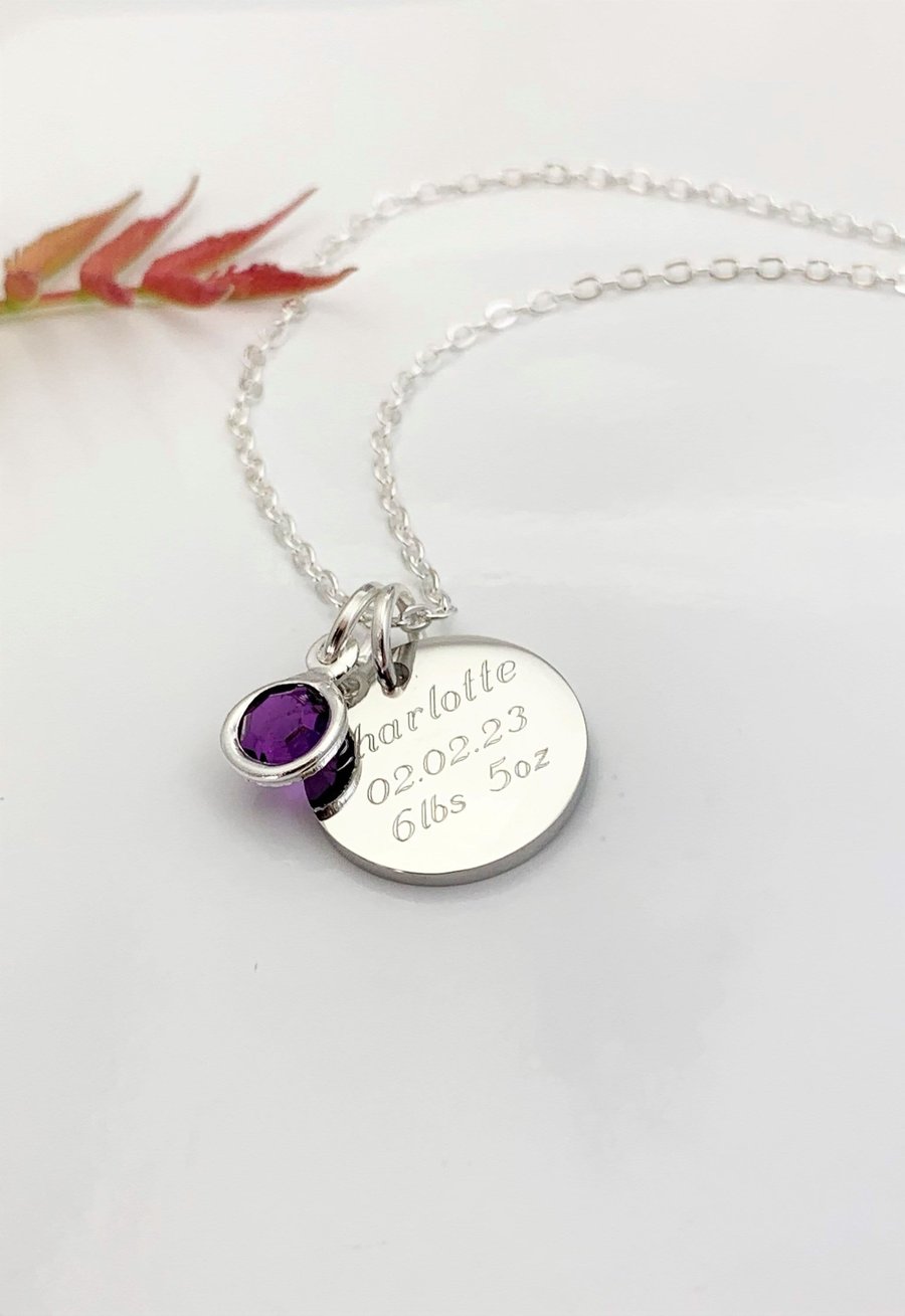 New Baby Mum Pendant Name Dob date of Birth Weight Birthstone Necklace