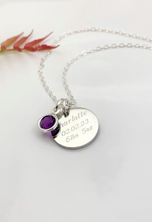 New Baby Mum Pendant Name Dob date of Birth Weight Birthstone Necklace