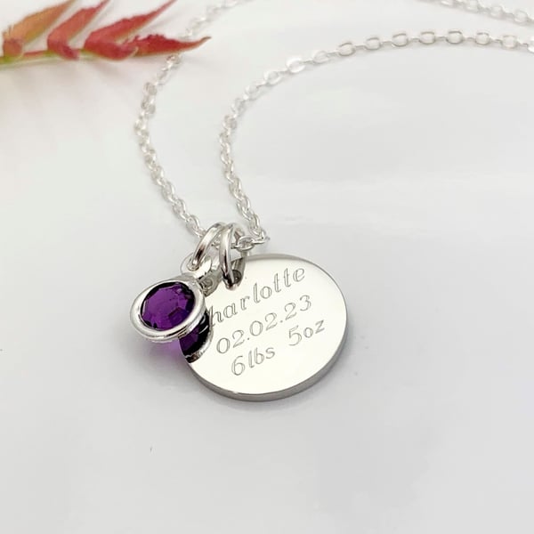 New Baby Mum Pendant Name Dob date of Birth Weight Birthstone Necklace