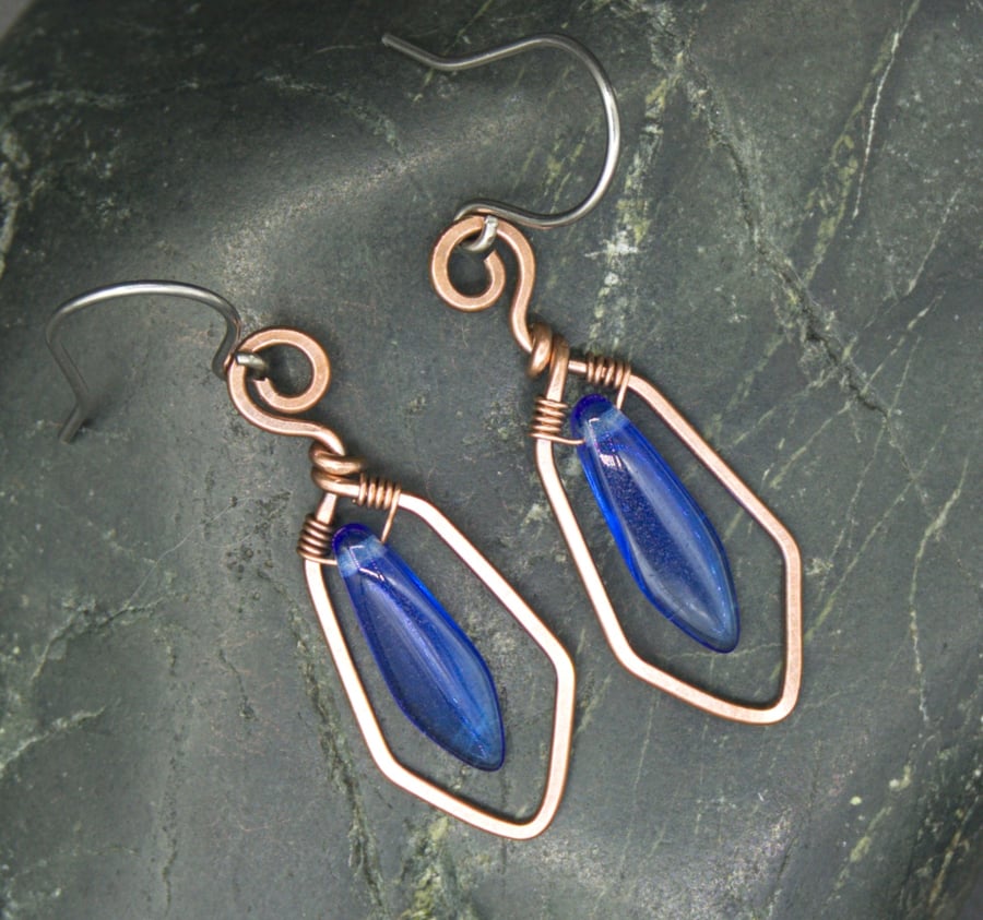 Hammered Copper Wire Earrings with Blue Dagger Beads