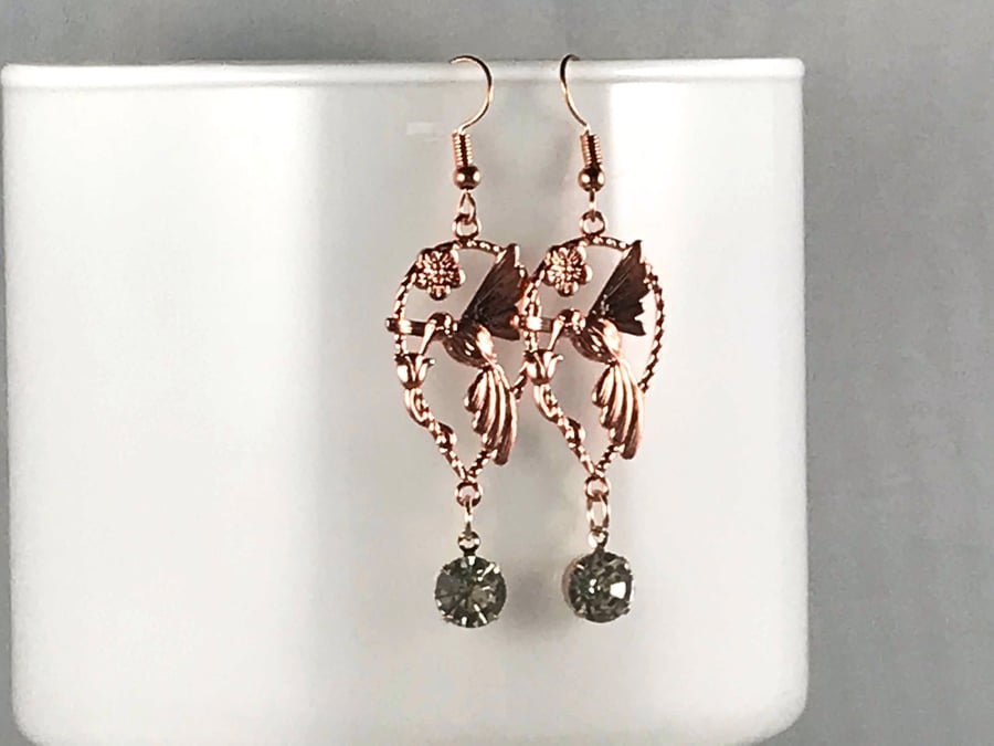 CRYSTAL BIRD EARRINGS humming rose gold drop dangle light gift for her cool