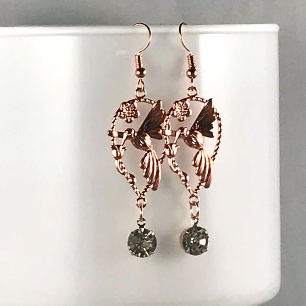 CRYSTAL BIRD EARRINGS humming rose gold drop dangle light gift for her cool