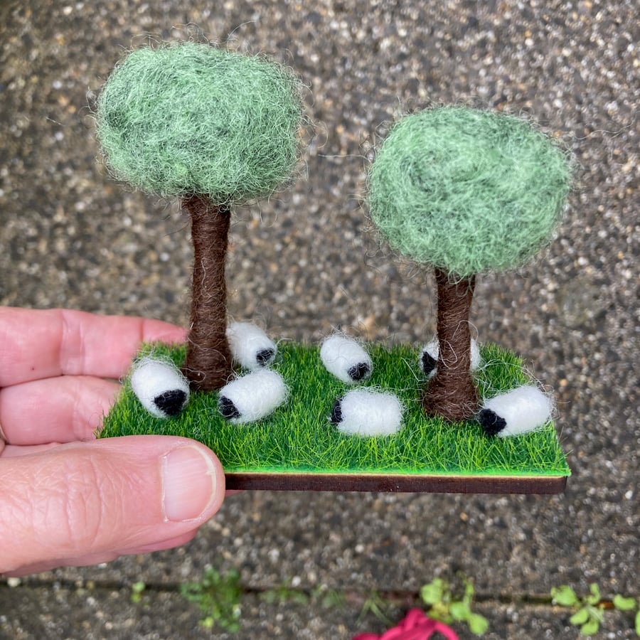 Mini felted scene, sheep grazing with 2 trees