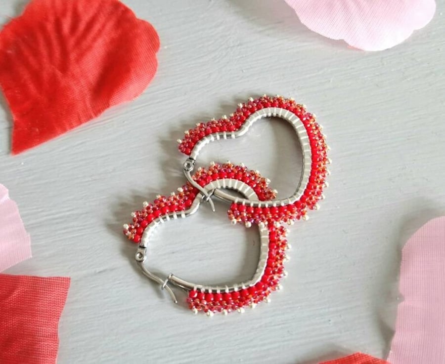 Red Heart Hoop Earrings