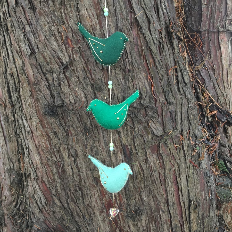 felt hanging bird decoration in greens